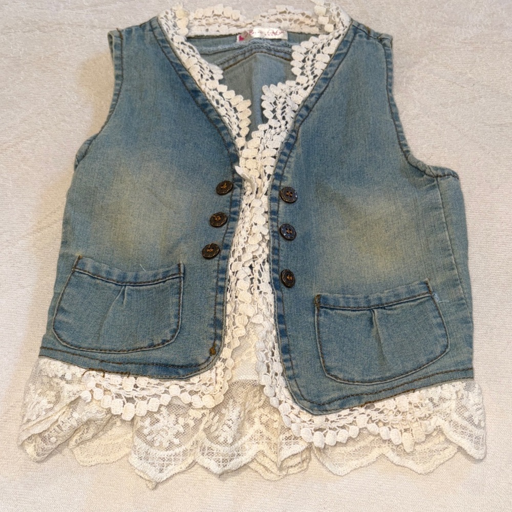 Denim Lace-Trim Girls' Vest - Blue